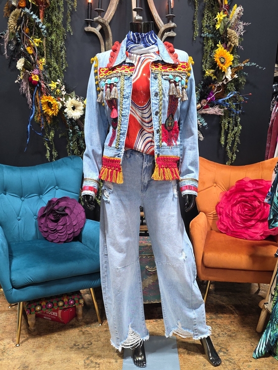 One of a Kind Jackets & Blazers - Artisan Embellished Light Wash Denim Jean Jacket -OOAK
